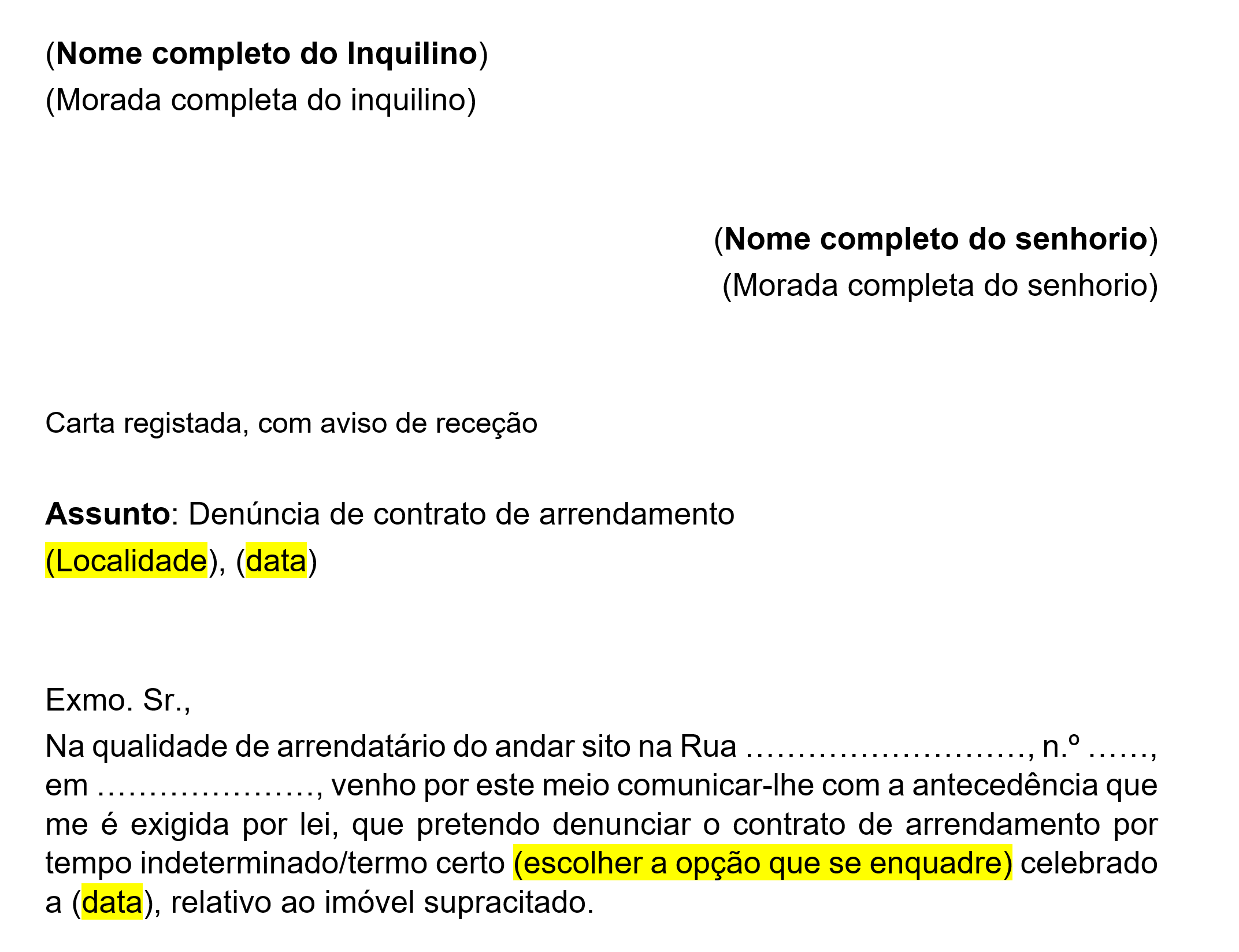 Contrato de arrendamento: + Minuta de carta de rescisão